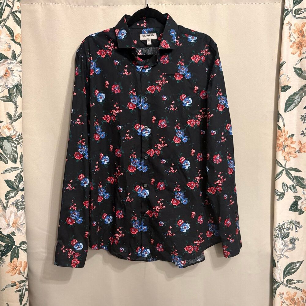 Express Slim Floral Button Up Shirt Black Red Blue Men’s Large